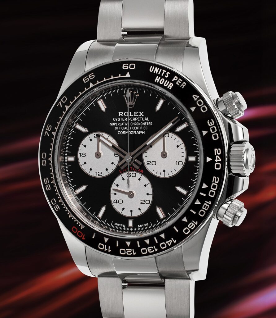 Rolex Cosmograph Daytona watch with black dial and chronograph features, showcasing luxury timepiece details relevant to the pre-owned luxury watch market discussion.
