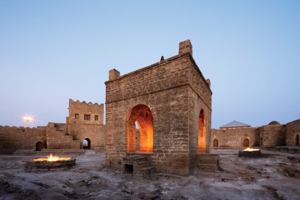The perpetually burning Yanar Dag&mdash;&mdash;where flames fed by natural gas burn steadily and are thought to have been alight for thousands of years.