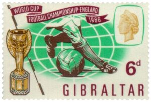 Vintage Gibraltar postage stamp commemorating the 1966 World Cup with a footballer, trophy, and tournament design.