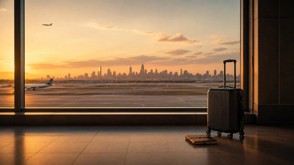 A suitcase beside an airport window, symbolizing travel, exploration, and the feeling of being between home and away