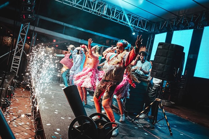 Colourful performers dancing at Andrés Carne de Res in Bogotá