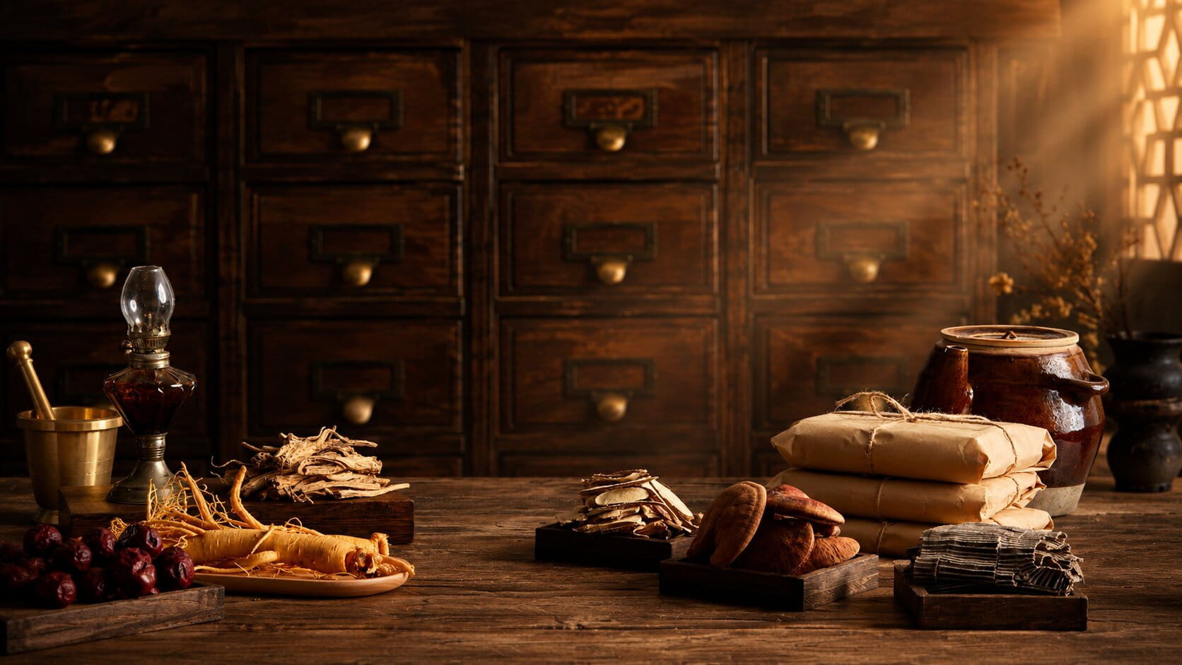 Traditional Chinese Medicine herbs arranged on a wooden table