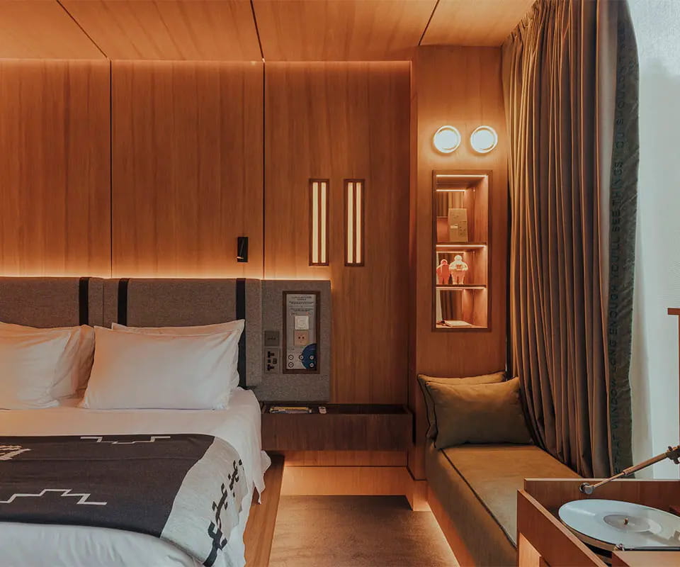 Modern guest room inside the Click Clack Hotel Bogotá