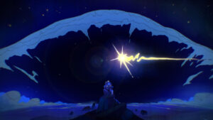 Animated short Indefinitely showing a lighthouse keeper beneath a night sky