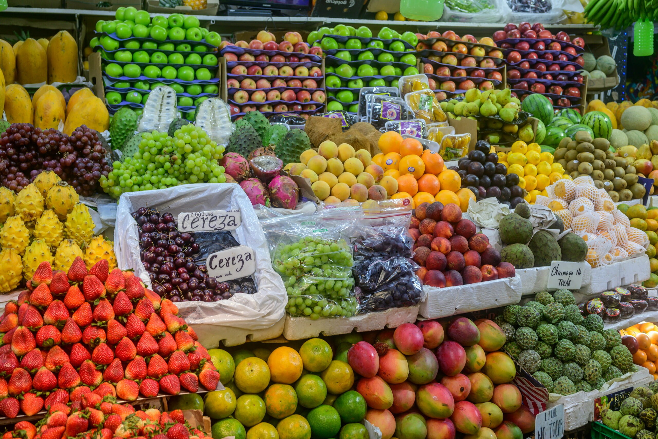 Fresh fruits displayed at Paloquemao Market in Bogotá