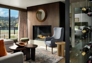 Lounge at The Somm Hotel and Spa with fireplace and vineyard view
