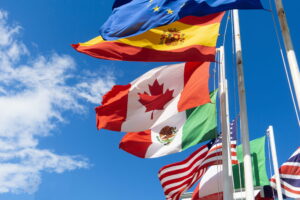 International flags waving against a blue sky, representing global diplomacy