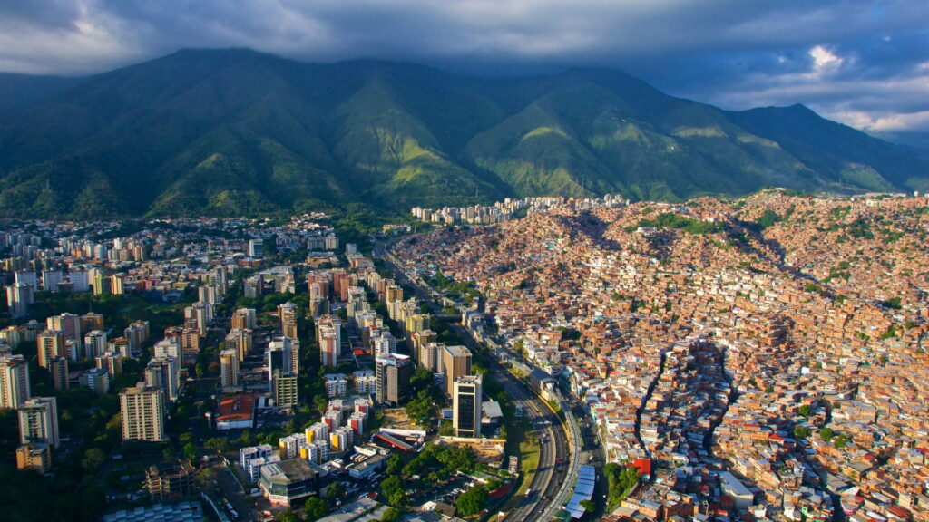 Aerial view of Caracas, Venezuela, with mountains and dense cityscape