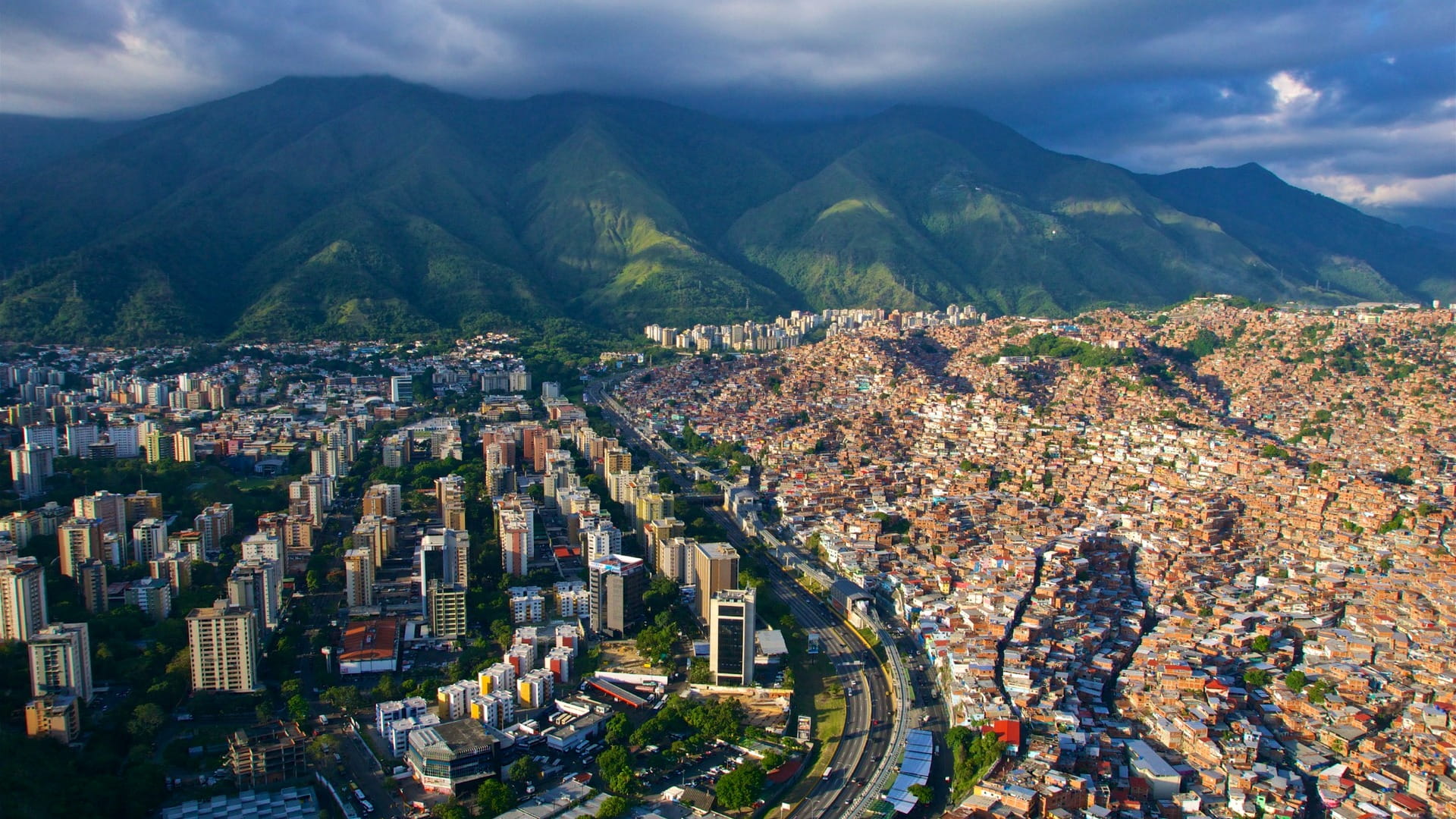 Aerial view of Caracas, Venezuela, with mountains and dense cityscape