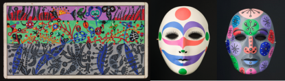 Photo 1 : Alfred Pellan, Jardin d’Olivia – A, 1968. Huile sur carton, 19,5 x 28 cm. Coll. MNBAQ, Don de la succession Alfred Pellan. Crédit photo : MNBAQ, Denis Legendre. // Alfred Pellan, Masque 53, 1971. Acrylique sur masque de plastique, 21,7 x 17 x 11 cm. Legs Madeleine Poliseno-Pelland. Crédit photo : MNBAQ // Alfred Pellan, Masque 72, 1971. Acrylique sur masque de plastique, 21,7 x 17 x 11 cm. Legs Madeleine Poliseno-Pelland. Crédit photo : MNBAQ.