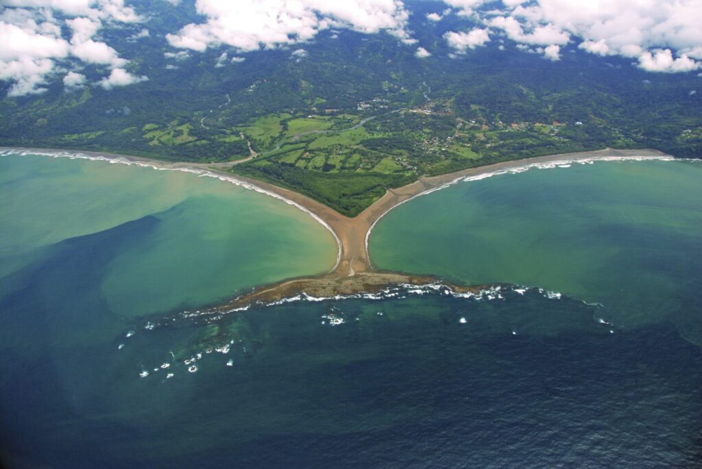 Aerial view of the whale's tail sandbar formation in the Marino Ballena National Park in Uvita, Osa, Costa Rica