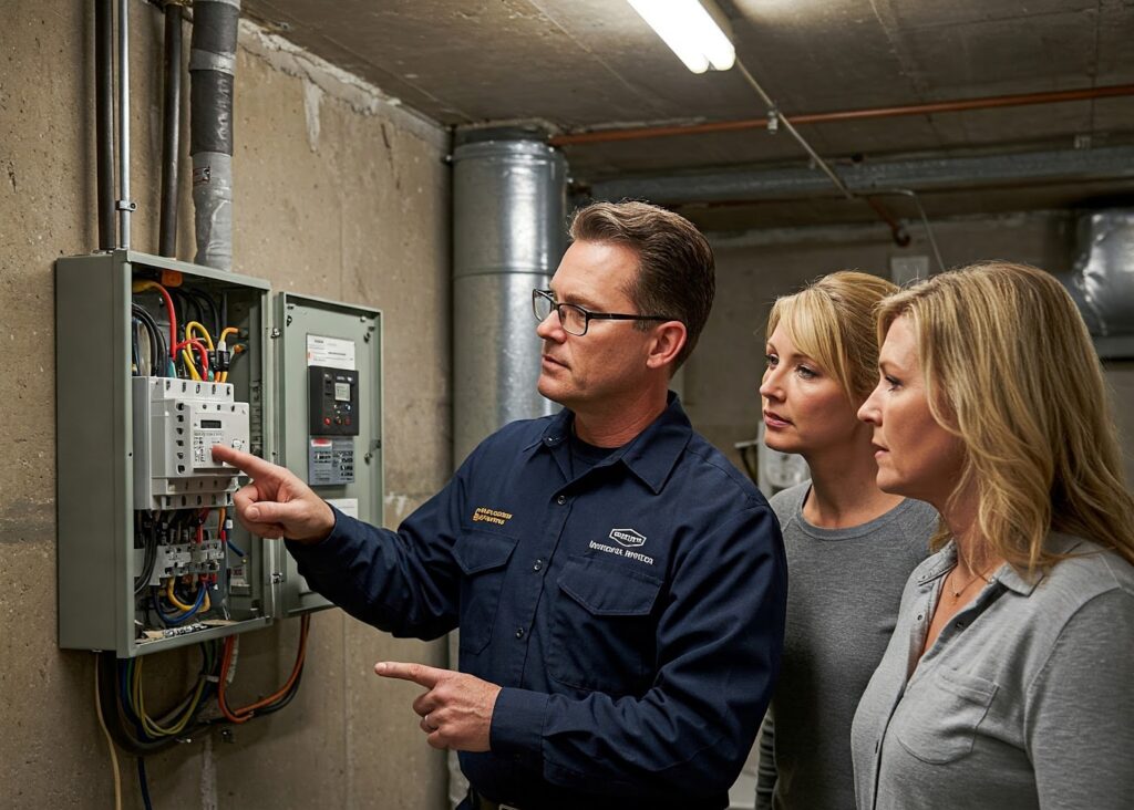 An electrician showing homeowners a problem in their electrical circuit breaker