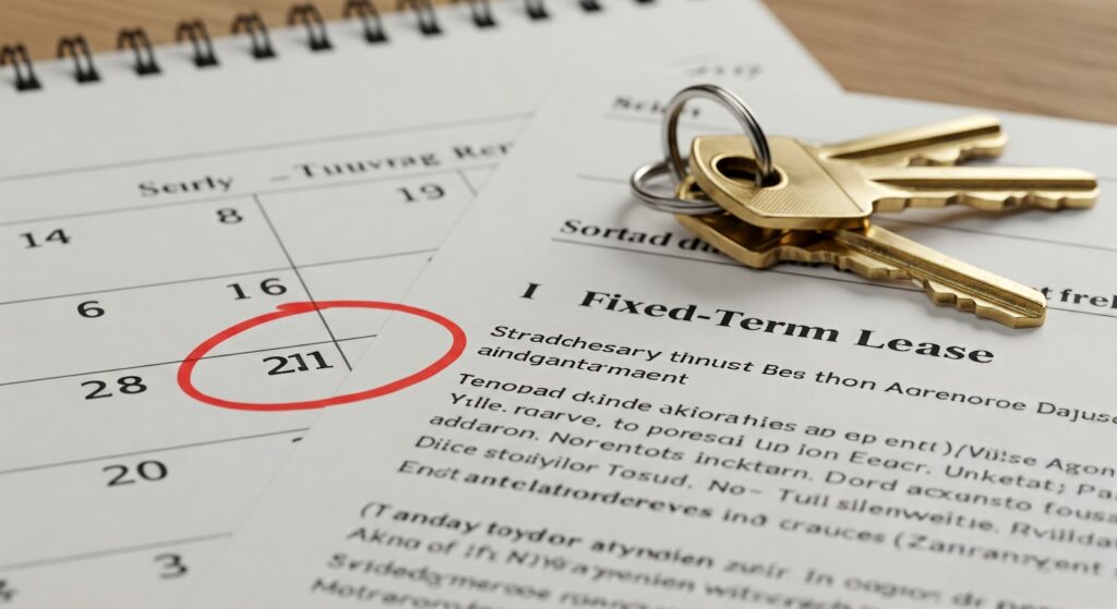 A fixed term lease contract on a property with the end date marked on a calendar