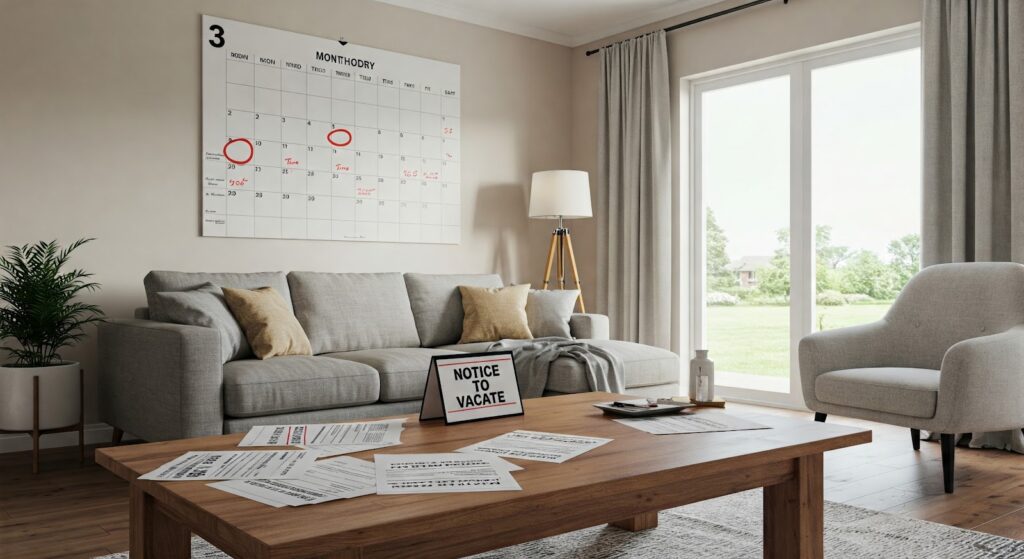 A living room with a notice to vacate sign
