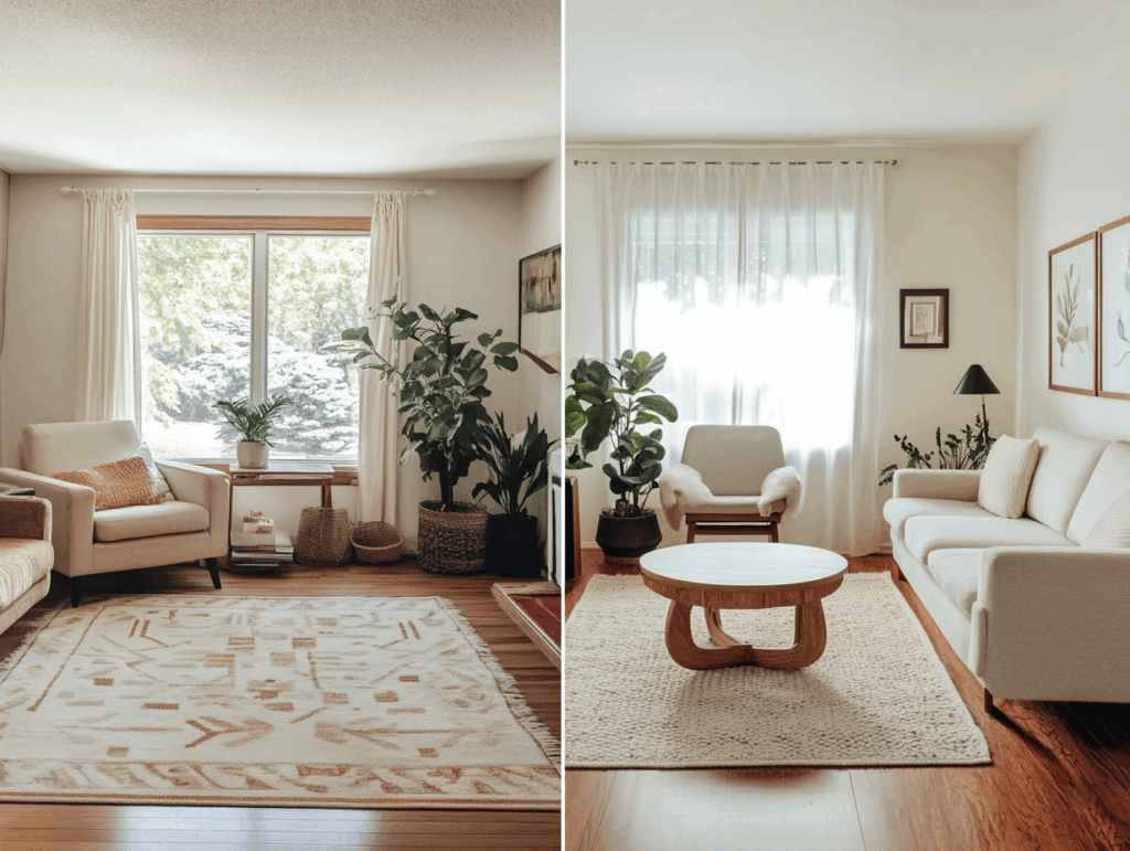 An image showing what big difference moving furniture makes when staging a home