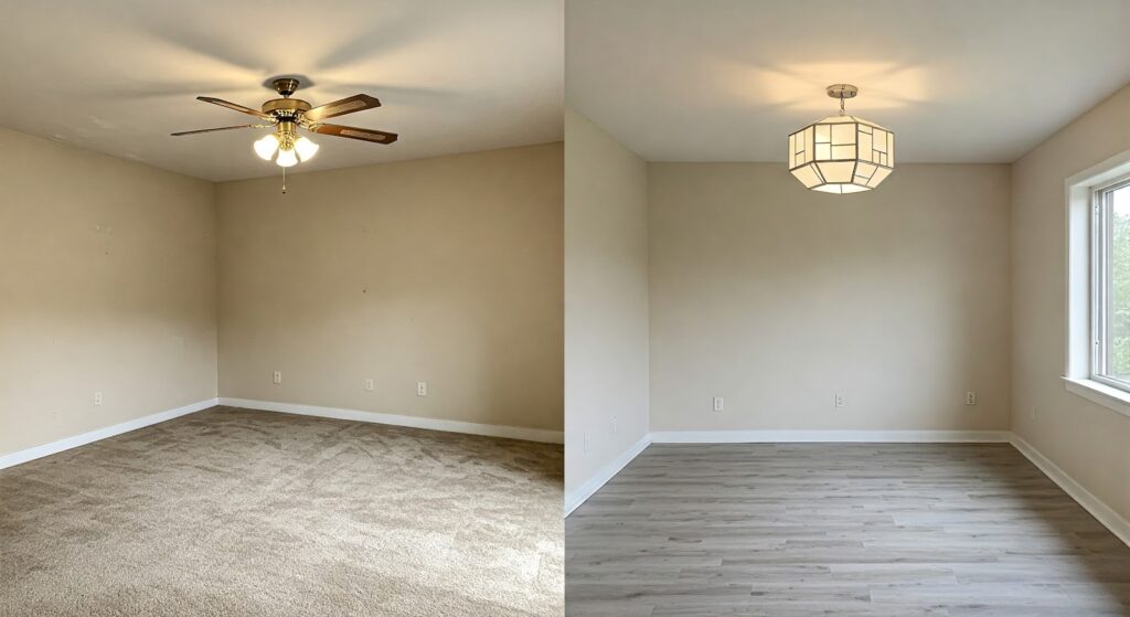 before and after of a room with new flooring