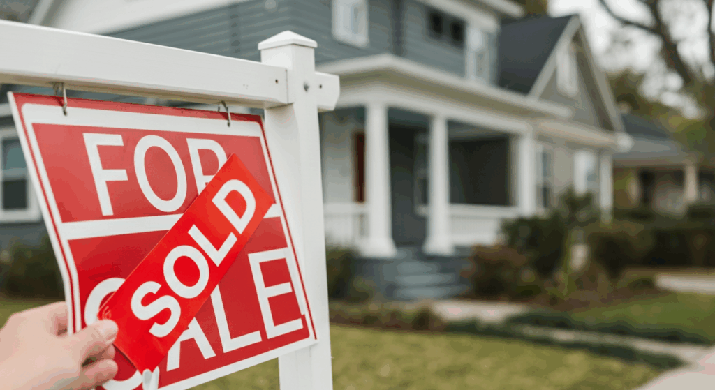 A For Sale sign being covered by a Sold sticker.