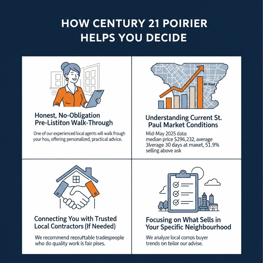 An infographic showing how Century 21 Poirier can help a seller decide whether they need to renovate or not. 