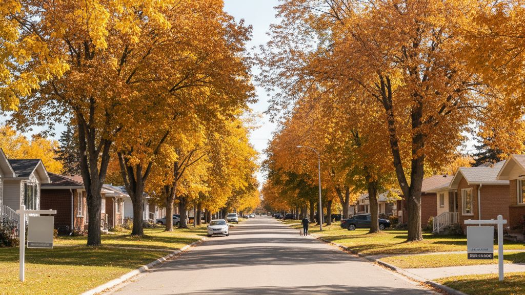 A pleasant street in Bonnyville, Alberta, showing a few homes for sale, representing increased housing inventory.
