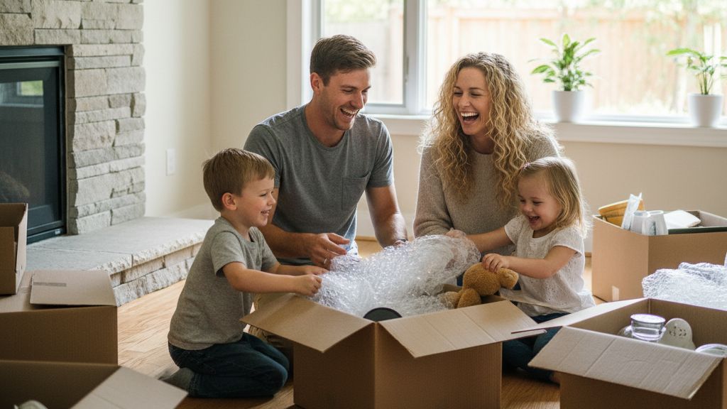 A family happily unpacking in their new Lakeland home, having taken advantage of the balanced market.