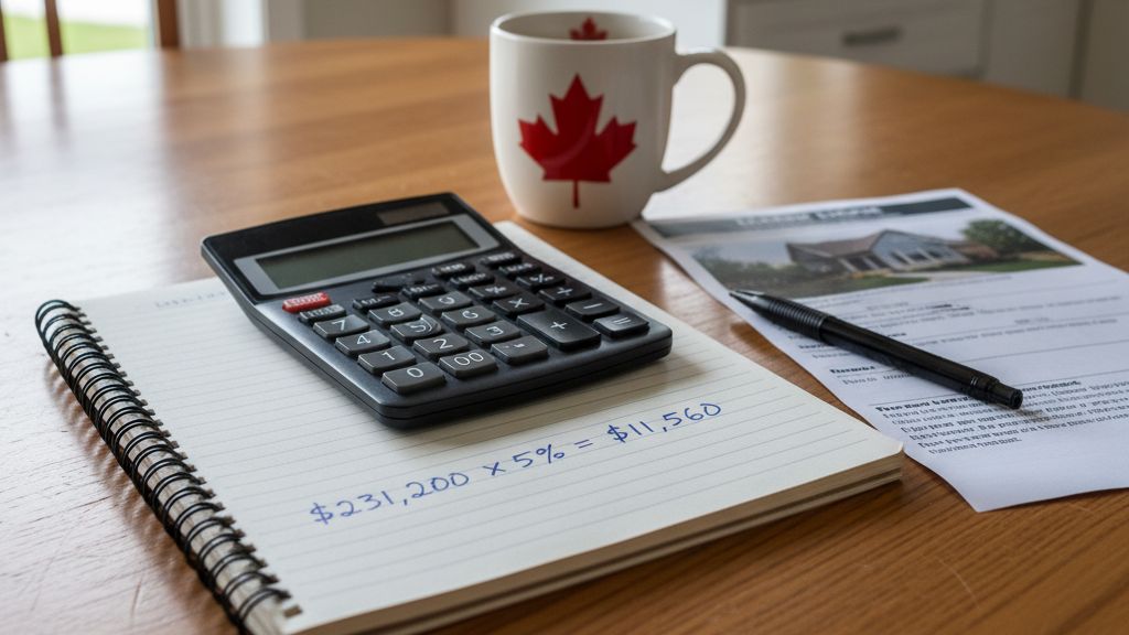 Handwritten calculation showing that a $231,200 home in St. Paul requires a $11,560 down payment, alongside a calculator and notebook on a kitchen table