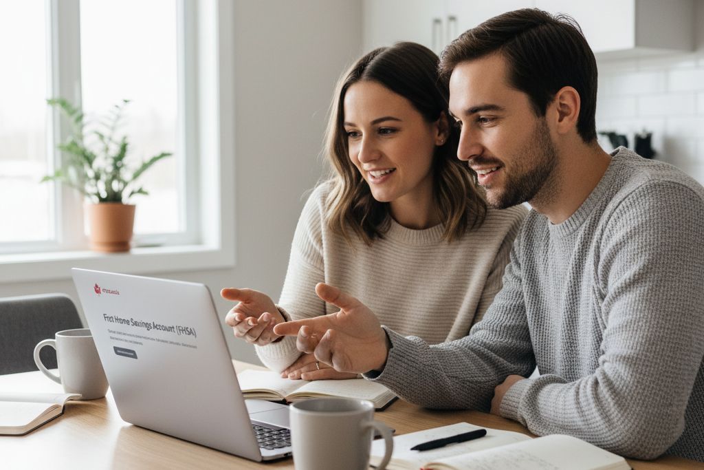 A young couple in Bonnyville, Alberta, reviewing their First Home Savings Account (FHSA) options online to save for a down payment.