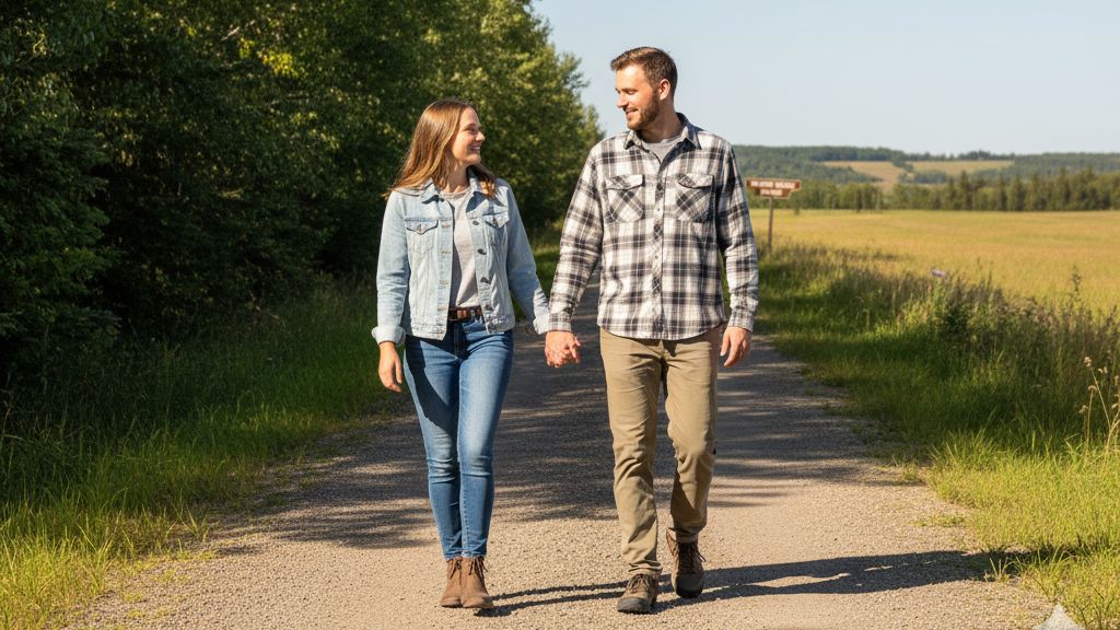 A young couple in St. Paul, Alberta, enjoying a free weekend walk on the Iron Horse Trail as part of their savings strategy
