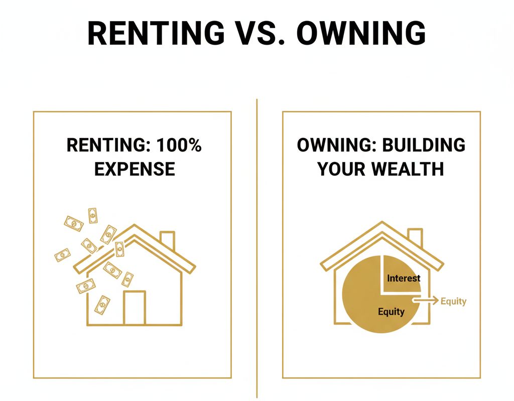 A visual comparison showing how renting is an expense while a mortgage builds personal equity.