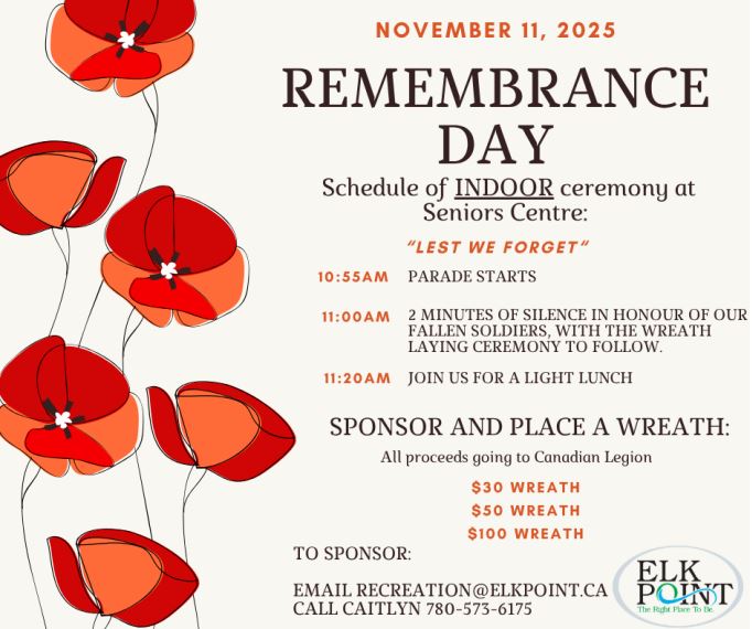 Town of Elk Point event poster for Remembrance Day Ceremony on November 11, 2025