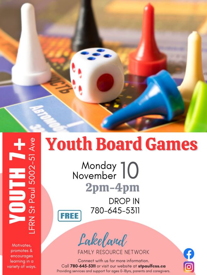 Lakeland Family Resource Network event poster for Youth Board Games on November 10, 2025, in St. Paul, Alberta