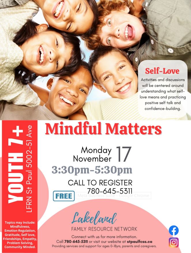 Lakeland Family Resource Network event poster for Mindful Matters in St. Paul, Alberta, on November 17, 2025