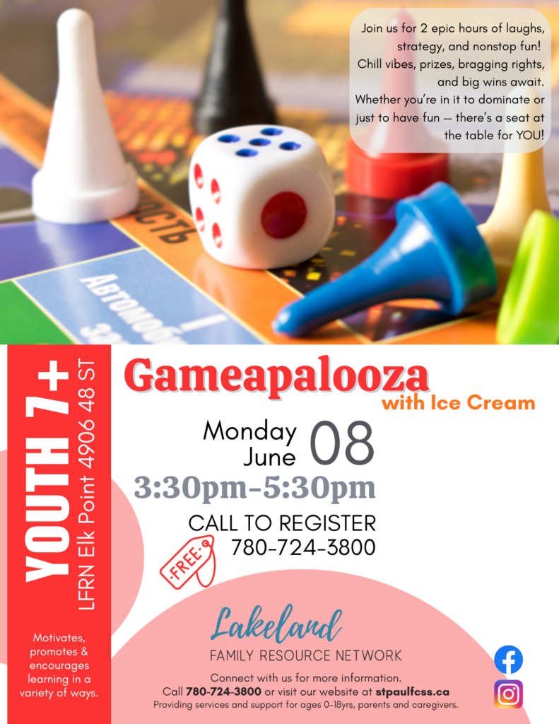 Lakeland Family Resource Network event poster for Gameapalooza on June 8, 2026, in Elk Point, Alberta