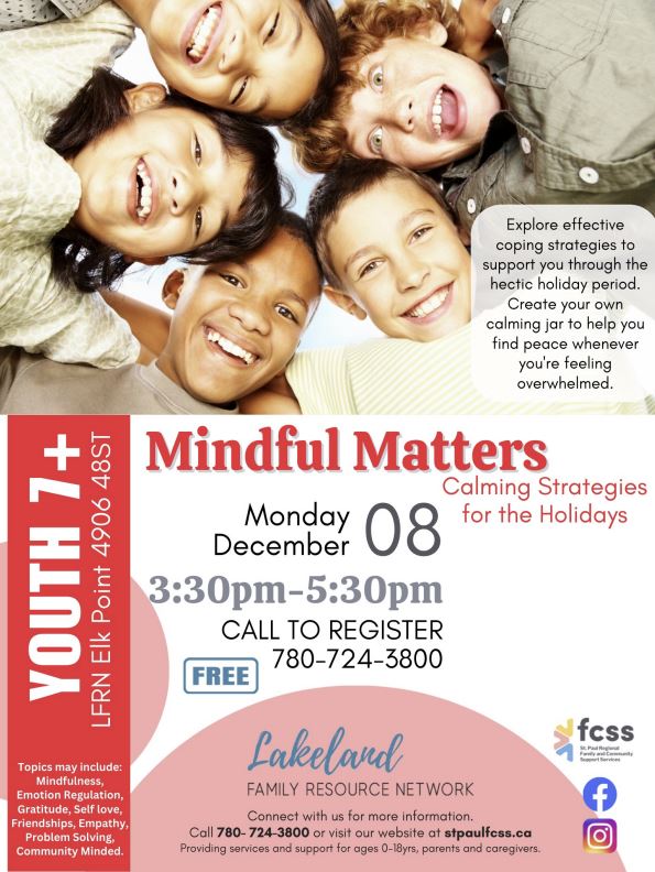 Lakeland Family Resource Network event poster for Mindful Matters in Elk Point, Alberta, on December 8, 2025