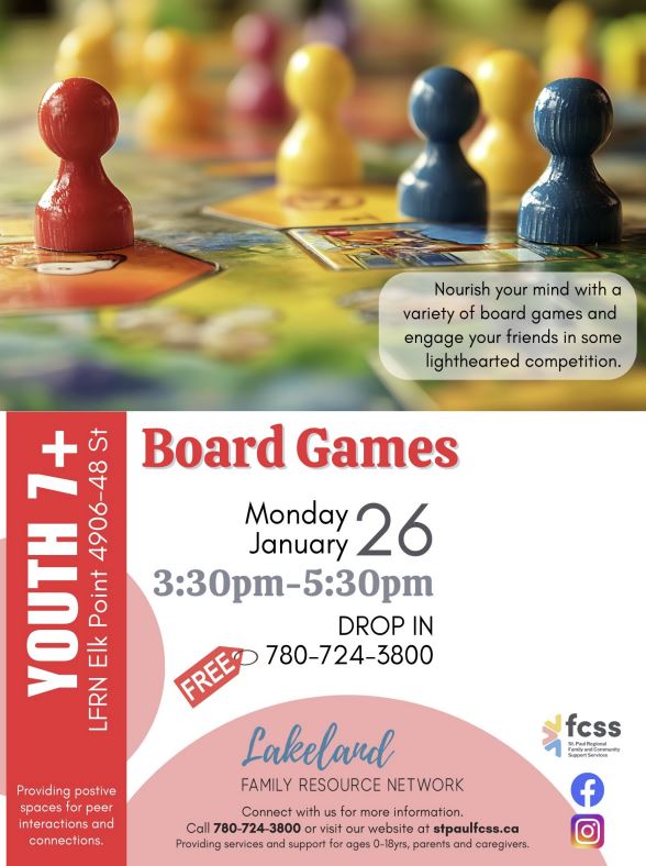 Lakeland Family Resource Network event poster for Board Games in Elk Point, Alberta, on January 26, 2026