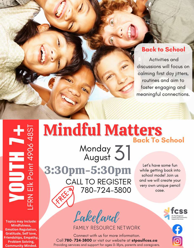 Lakeland Family Resource Network event poster for Mindful Matters on August 31, 2026, in Elk Point, Alberta