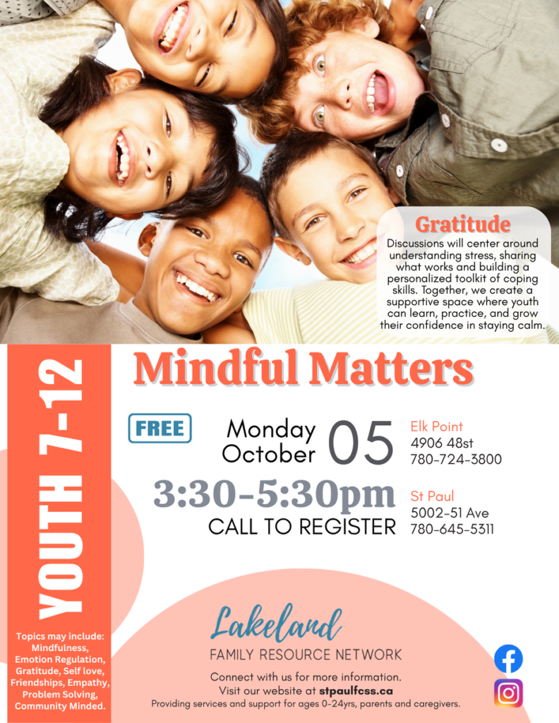 Lakeland Family Resource Network event poster for Mindful Matters on October 5, 2026, for both St. Paul and Elk Point, Alberta