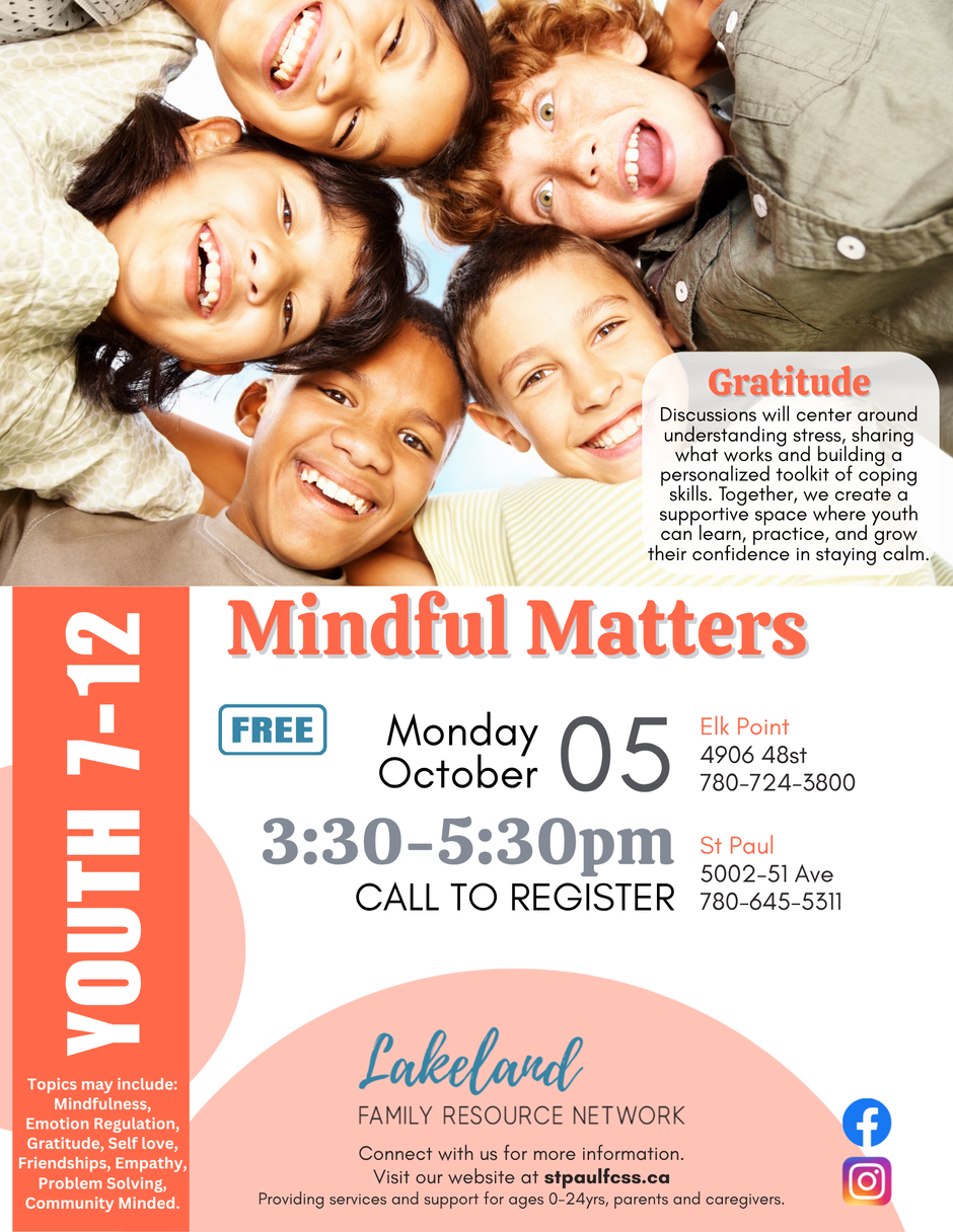 Lakeland Family Resource Network event poster for Mindful Matters on October 5, 2026, for both St. Paul and Elk Point, Alberta
