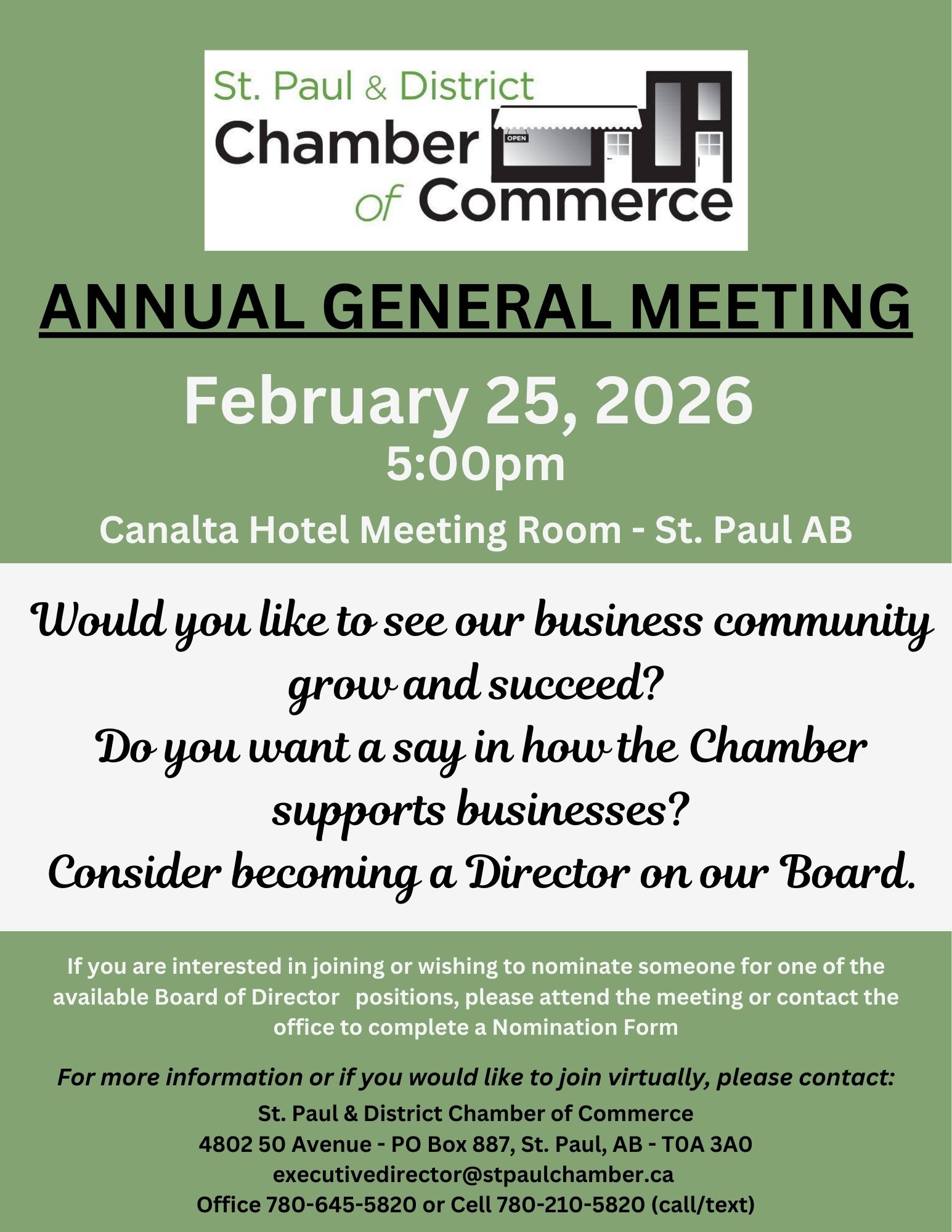 St. Paul & District Chamber of Commerce event poster for their Annual General Meeting on February 25, 2026