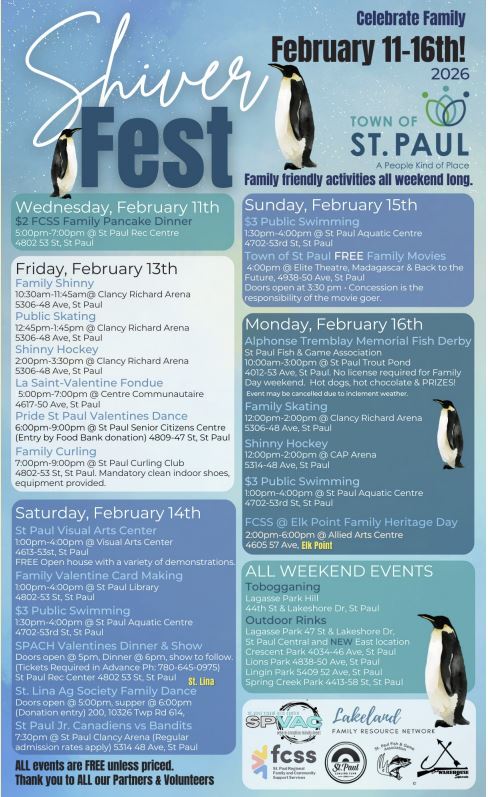 St. Paul Regional FCSS event poster for Shiver Fest, happening throughout the region from February 11-16, 2026