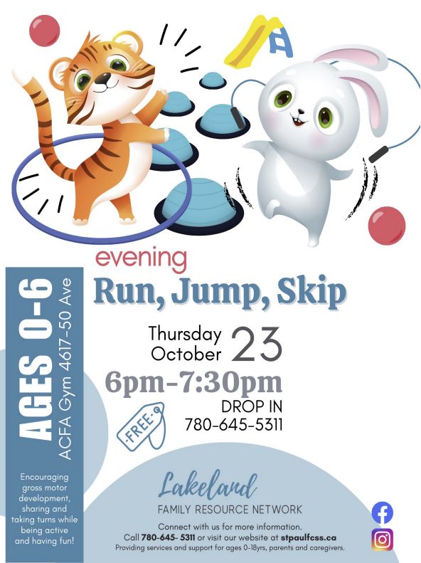 LFRN-Events-Evening Run, Jump, Skip 20251023 Lakeland Family Resource Network event poster for Evening Run, Jump, Skip on October 23, 2025, in St. Paul, Alberta