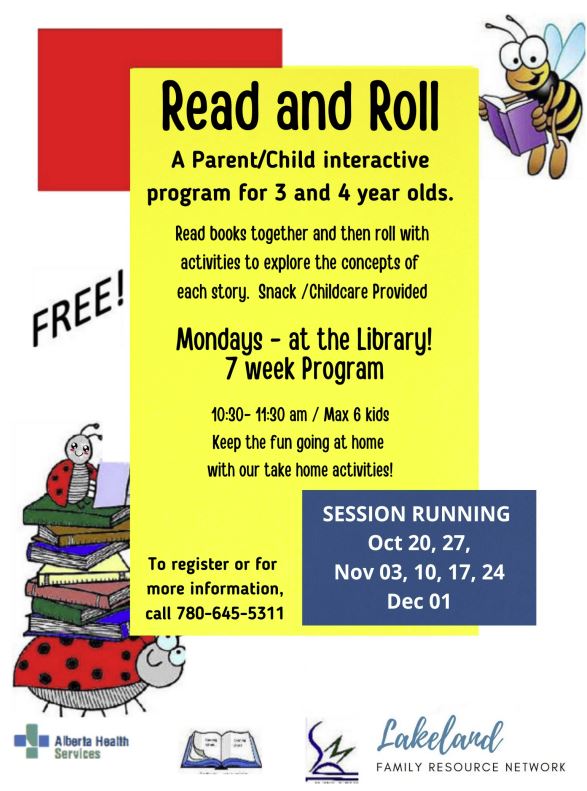 Lakeland Family Resource Network event poster for Read and Roll in St. Paul, Alberta, weekly from October-December 2025