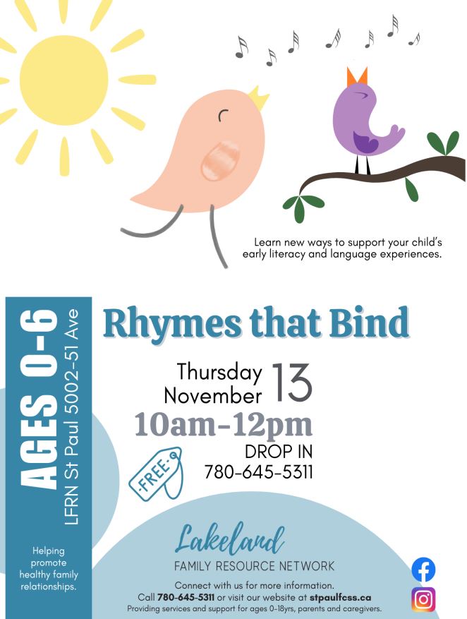 Lakeland Family Resource Network event poster for Rhymes that Bind in St. Paul, Alberta, on November 13, 2025