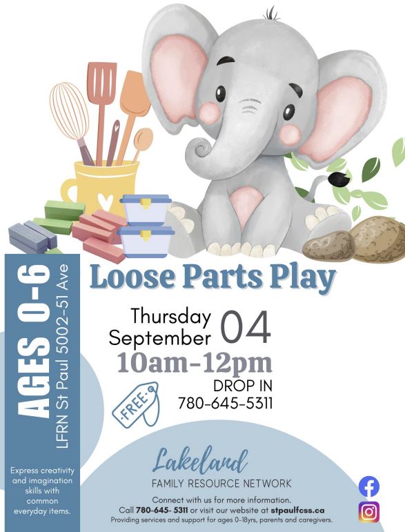 Lakeland Family Resource Network event poster for Loose Parts Play on September 4, 2025, in St. Paul, Alberta