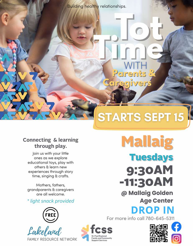 St. Paul Regional FCSS event poster for Mallaig Tot Time, starting September 15, 2026, and continuing on Tuesdays for the 2026-27 season