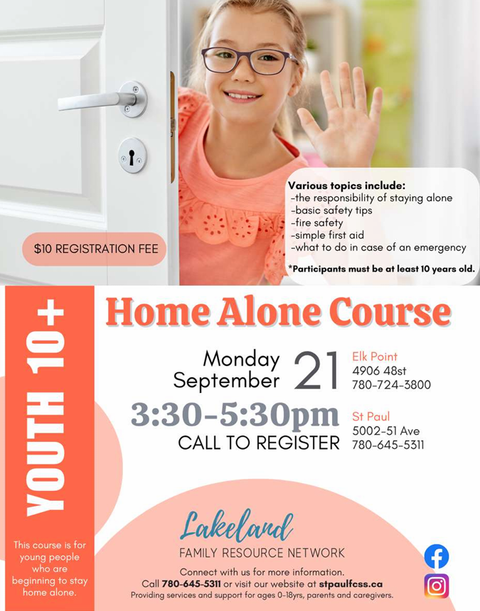 Lakeland Family Resource Network event poster for the Home Alone Course on September 21, 2026, for both St. Paul and Elk Point, Alberta