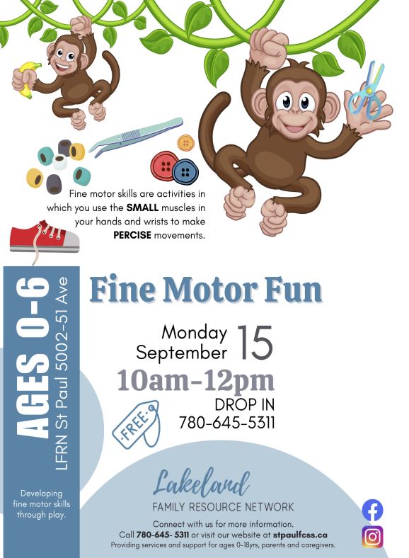LFRN-Events-Fine Motor Fun 20250915 Lakeland Family Resource Network event poster for Fine Motor Fun in St. Paul, Alberta, on September 15, 2025