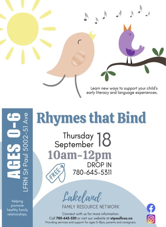 LFRN-Events-Rhymes that Bind 20250918 Lakeland Family Resource Network event poster for Rhymes that Bind in St. Paul, Alberta, on September 18, 2025