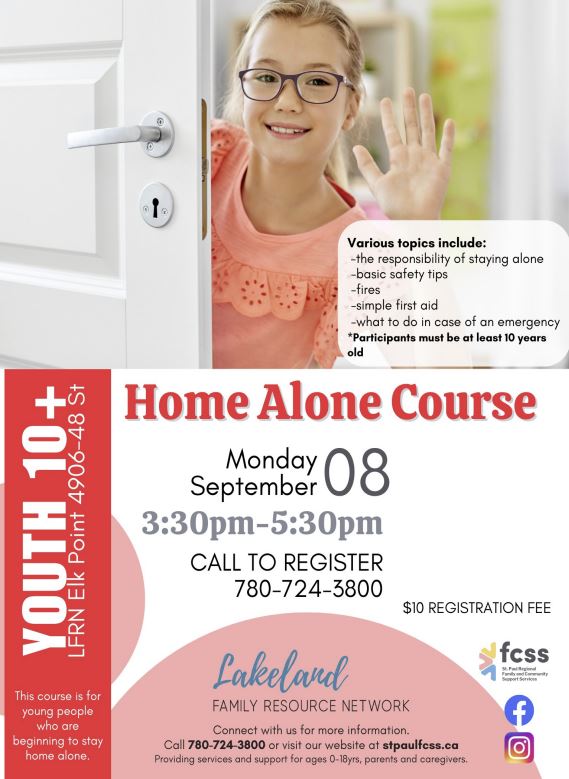 LFNR-Events-Home Alone Cource 20250908 Lakeland Family Resource Network event poster for Home Alone Course in Elk Point, Alberta, on September 8, 2025