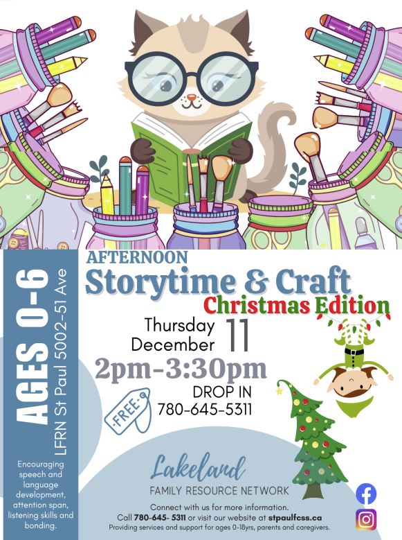 Lakeland Family Resource Network event poster for Storytime & Craft in St. Paul, Alberta, on December 11, 2025