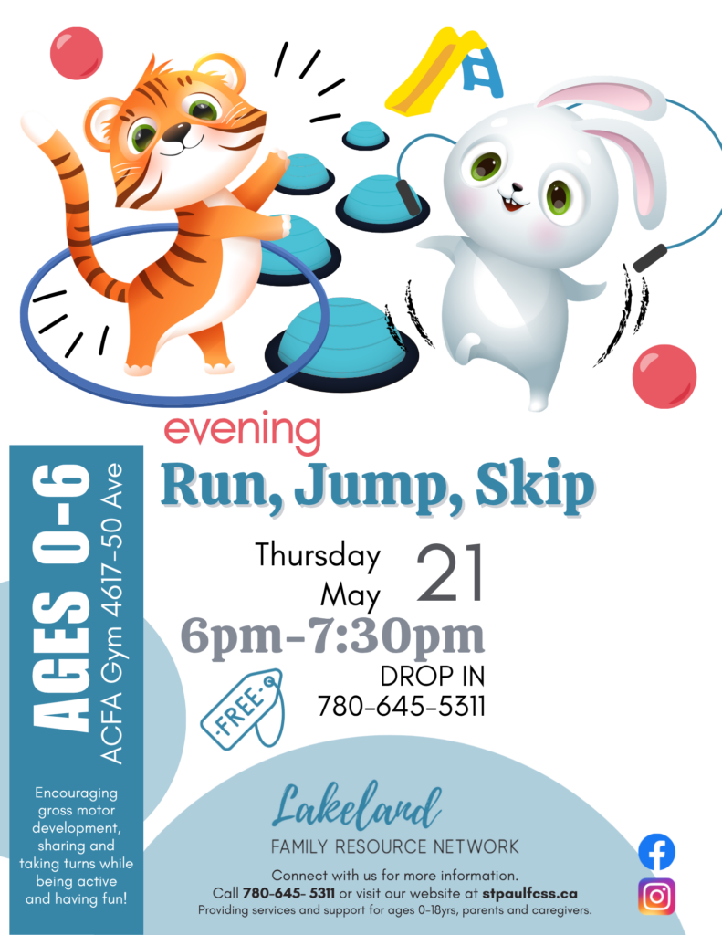 Lakeland Family Resource Network event poster for Evening Run, Jump, Skip in St. Paul, Alberta, on May 21, 2026